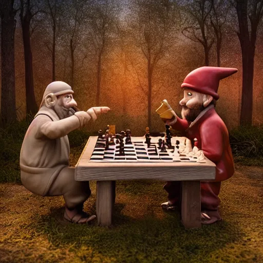 Prompt: photorealistic clay figures of two gnomes playing chess in a forest, 4 k, intricate, highly detailed, contrast, moody dynamic light, golden hour