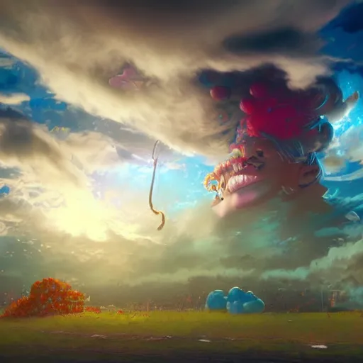 Image similar to ajegunle, puffy clouds, james jean style, vfx art, unreal engine render, claymation style, colourful, volumetric light, digital painting, digital illustration, dramatic light,