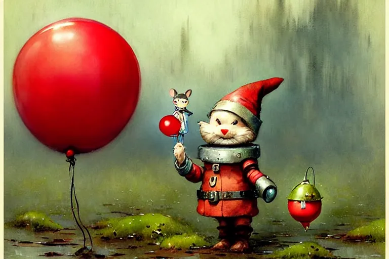 Image similar to adventurer ( ( ( ( ( 1 9 5 0 s retro future robot android mouse and knome holding a red balloon. muted colors. swamp mushrooms island, lillie pads ) ) ) ) ) by jean baptiste monge!!!!!!!!!!!!!!!!!!!!!!!!! chrome red