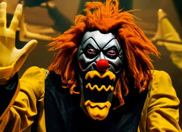 Image similar to publicity photo still of ronald mcdonald wearing a slipknot mask touring with slipknot live on stage, 8 k, live concert lighting, mid shot