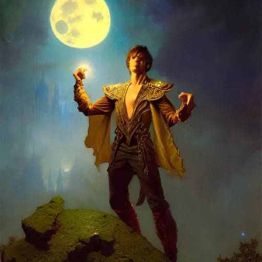 Image similar to attractive male wizard magically floating in the night, fantasy, full moon in background. highly detailed painting by gaston bussiere, craig mullins, j. c. leyendecker, mid shot, 8 k