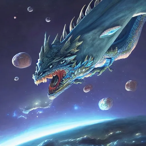 Prompt: Large blue scaled dragon devouring an earth like planet while flying in space, European four-legged dragon, sun system, nebula, oil painting, by Fernanda Suarez and Edgar Maxence and Greg Rutkowski