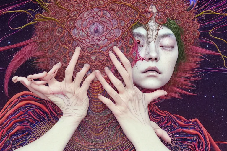 Image similar to realistic detailed image of a woman losing her sanity, conjuring psychedelic background, part by takato yamamoto, part by alex gray, ross tran, james jean, ultra realistic, octane render, highly detailed, 8 k, trending on artstation, cosmic, symmetry, masterpiece