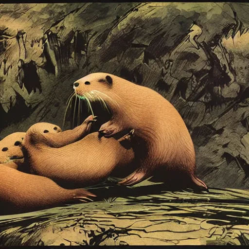 Image similar to otters playing with one another wide angle shot, white background, vector art, illustration by frank frazetta