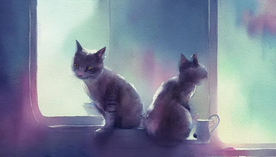 Image similar to watercolor illustration style, cute cats looking out the window, dreamy aesthetic, misty, trending on artstation, vivid colors, 8 k, filip hodas, jeremy mann