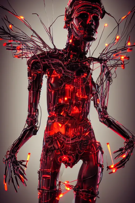 Prompt: full-body cyberpunk style sculpture of a young beautiful dark priestess, half android with a head opening exposing circuitry, glowing red eyes, black roses, flowing blood red colored silk, fabric, candles, baroque elements, human skull. full-length view. baroque element. intricate artwork by Caravaggio. crows flying in background. Trending on artstation, octane render, cinematic lighting from the right, hyper realism, octane render, 8k, depth of field, 3D
