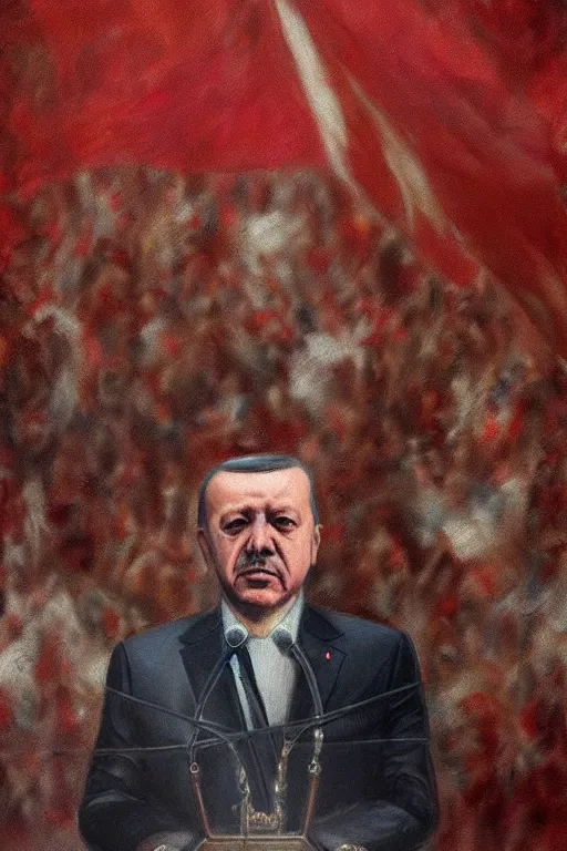 Image similar to oil portrait of recep tayyip erdogan during a speech, epic, cinematic, elegant, highly detailed, featured on artstation