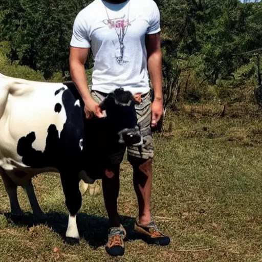 Image similar to a photo of drake, standing with a cow