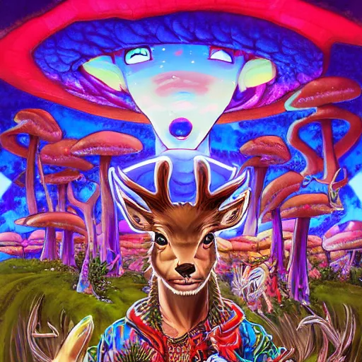 Image similar to anime 4 k headshot portrait of a psychedelic demonic anthropomorphic deer with mushroom themed clothes, magic mushroom village in background by jeff easley, award winning, stylized neon, post - processing, masterpiece, superb resolution. in the art style of junji ito and greg rutkowski. detailed mushroom city in background. hyper realistic anime. perfect art. dalle 2