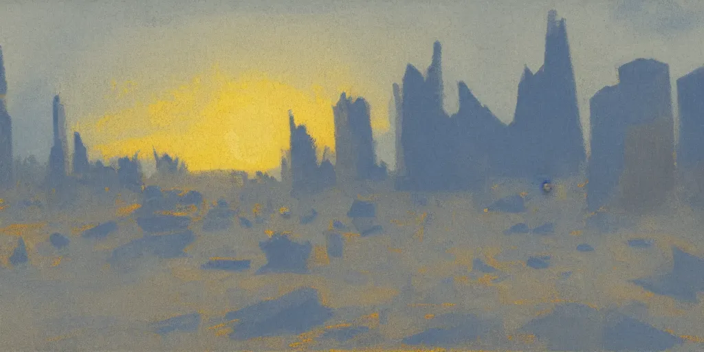 Prompt: tonalist landscape of arctic wasteland with broken towers, cerulean blue, payne's grey, and yellow ochre, contre - jour, backlighting, sharp detail, golden ratio, linework