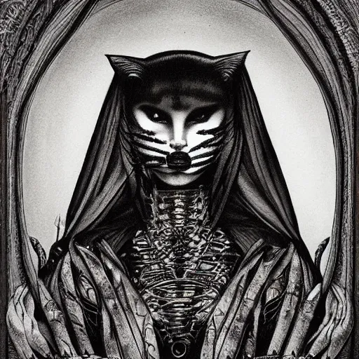 Image similar to portrait of a beautiful woman, gothic, cat eyes, high detail, illustration by h. r. giger