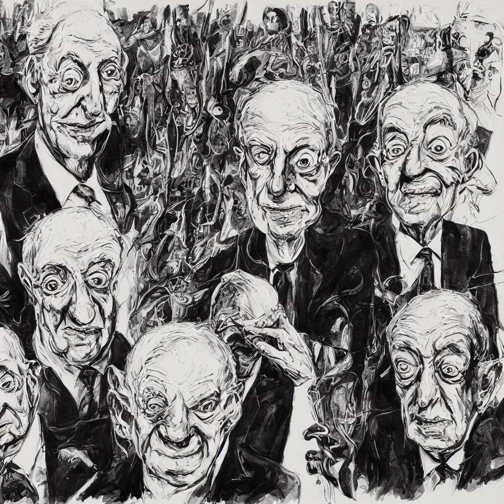 Image similar to Jacob Rothschild and george soros by Ralph Steadman, illustration, body horror, biopunk, 8k , trending on artstation