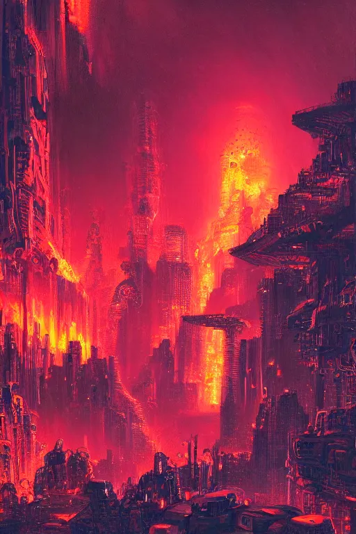Prompt: a cyberpunk city in the crater of a volcano, lava flowing, smoke, fire, neon, clubs, industrial, by paul lehr, jesper ejsing