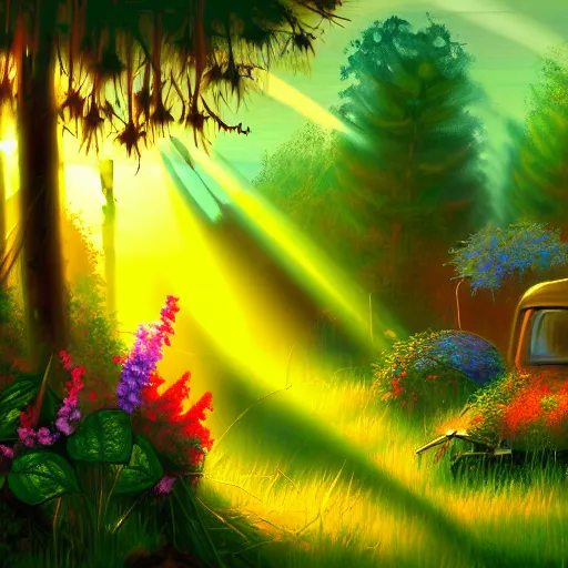 Image similar to A painting of a junk yard in the forest overgrown, with some pretty colorful flowers and ivy, sunrise with sun rays through the trees, digital art, artstation,