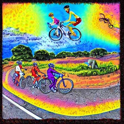 Prompt: hoffman bicycle trip, blotter art, in the style of lisa frank