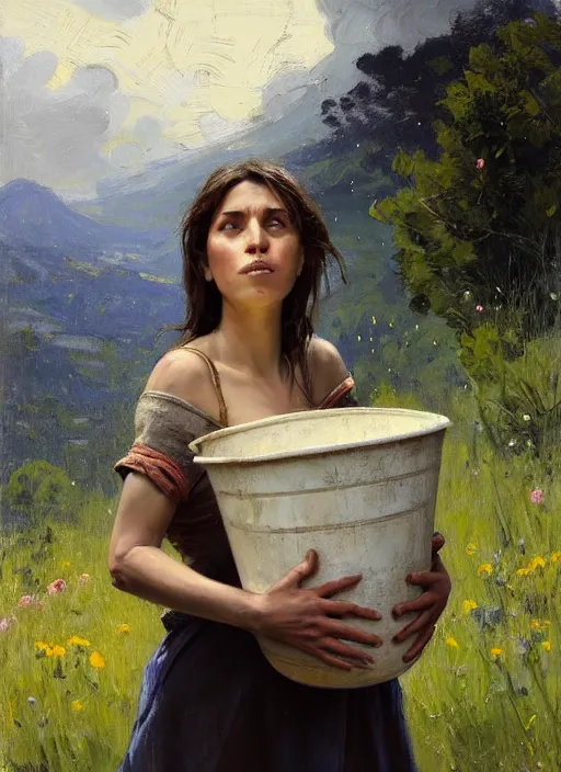 Image similar to portrait of pregnant vilage woman carrying a bucket of water, countryside, fantasy character portrait, dynamic pose, above view, view from above, sunny day, thunder clouds in the sky, artwork by Jeremy Lipkin and Giuseppe Dangelico Pino and Michael Garmash and rob rey, very coherent symmetrical artwork, perfect face, simple form, 100mm