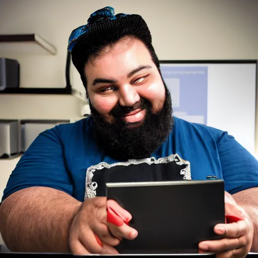 Prompt: a slightly overweight bangleshi man with a black beard playing on his 5000 dollar pc