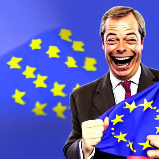 Image similar to nigel farage laughing holding burning eu flag, studio photograph, hd, studio