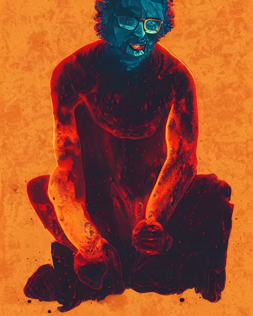 Image similar to sam hyde emerging from volcanic lava in cyberpunk theme by conrad roset, nicola samuri, dino valls, m. w. kaluta, rule of thirds, sigma male, gigachad look, beautiful