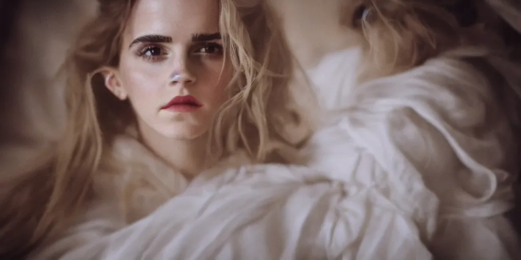 Image similar to colour portrait closeup!!!!! Emma Watson long hair flowing silk robes baroque room candles mirrors cinematic lighting cinematic lighting cinematic lighting stanley kubrick barry lyndon 4k canon 5d mk4