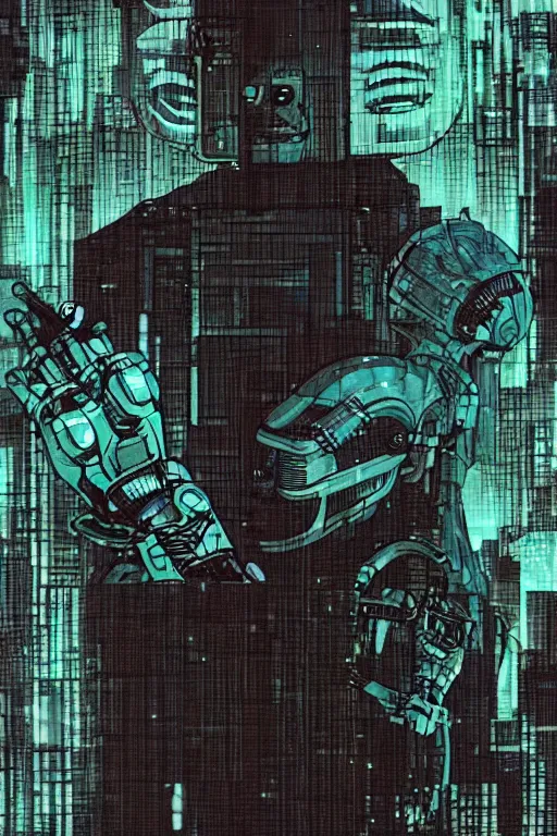 Image similar to 1 9 7 9 sci - fi portrait of an robot beheading an ogre. simple stylized cyberpunk photo from the matrix ( 1 9 9 9 ) by josan gonzalez.