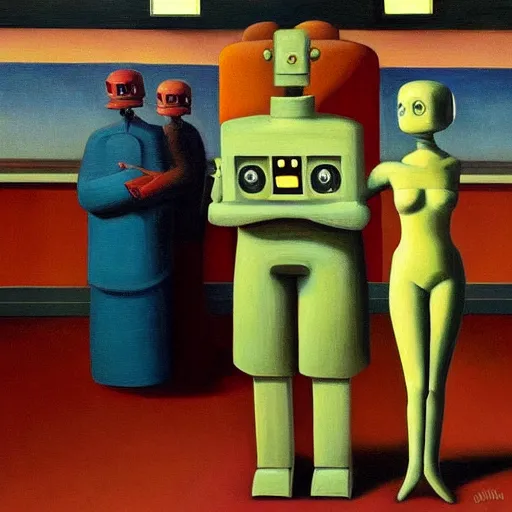 Prompt: robot overlords, grant wood, pj crook, edward hopper, oil on canvas