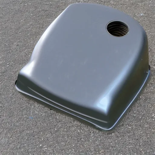 Prompt: impossible smooth dented surface area big of broken machine on driveway, many unknown features sticking out of it, angular plastic top with many orifices