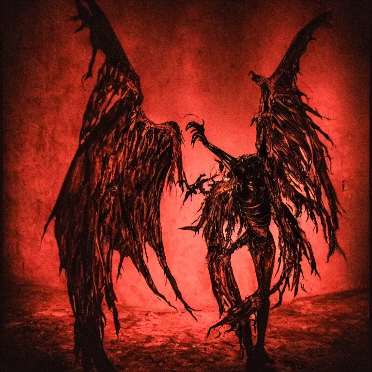 Image similar to a dark artistic photo of an alien creature with crazy wings, liminal eerie midnight backlit, big budget horror, a polaroid photo, bleeding decaying colors!