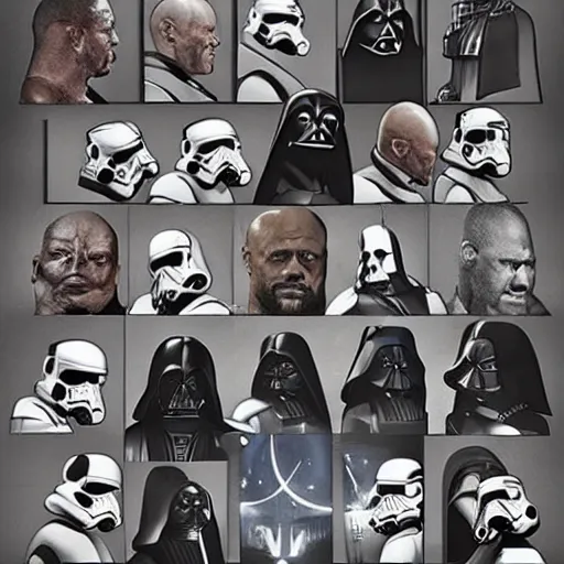 Prompt: dark vador creating an army of dwayne johnson, star wars, realistic, hyperrealistic