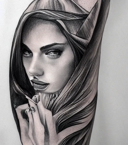 Image similar to tattoo design sketch of a very beautiful woman face against a background of beautiful mountains and nature, hyper - realistic, in the style of den yakovlev, amazing detail, black and white