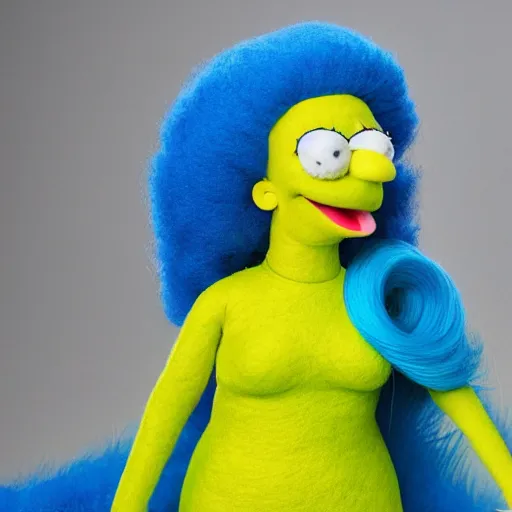 Image similar to marge simpson as a muppet blue hair, yellow skin, green dress. highly detailed felt. hyper real photo. 4 k.