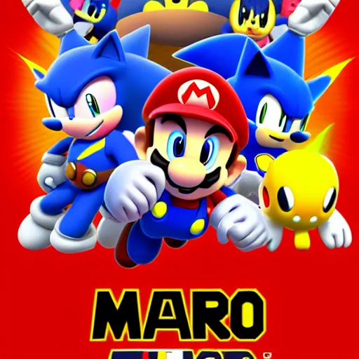 Image similar to super mario, kirby, sonic the hedgehog, super smash bros, star wars themed movie poster high detail accurate eyes and good gesture poses, pokemon anime cartoon style