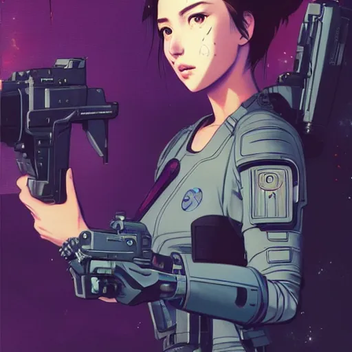 Prompt: A Beautiful young female sci-fi soldier , sitting holding her ray gun || VERY ANIME, fine-face, realistic shaded perfect face, fine details. Anime. realistic shaded lighting poster by Ilya Kuvshinov katsuhiro otomo ghost-in-the-shell, magali villeneuve, artgerm, Jeremy Lipkin and Michael Garmash, Rob Rey and Kentarõ Miura style, trending on art station