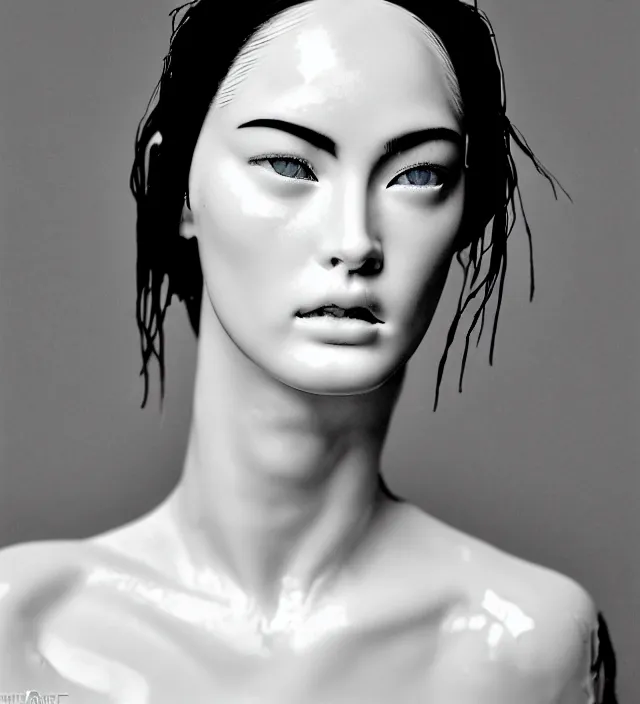 Image similar to photography facial portrait of real white ceramic japanese porcelain sculpture of a woman looking like megan fox delicate partially cracked broken, nacred white, natural background, natural pose, back lighting, translucent, thin porcelain, porcelain cracks and peeled painted, translucent, subscattering, highly detailed,, photography by paolo roversi, nick knight, helmut newton, avedon, araki