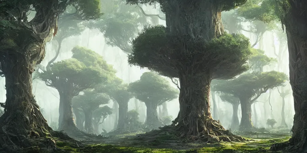 Image similar to a vast ancient tree city, greg rutkowski, 8 k, shallow depth of field, intricate detail, concept art,