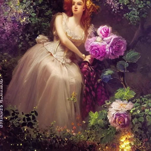 Prompt: Alice in Wonderland,Diamonds Blaze,Rose twining,out of time and space,dreamy, eternity, romantic,highly detailed,in the style of Franz Xaver Winterhalter, night lighting