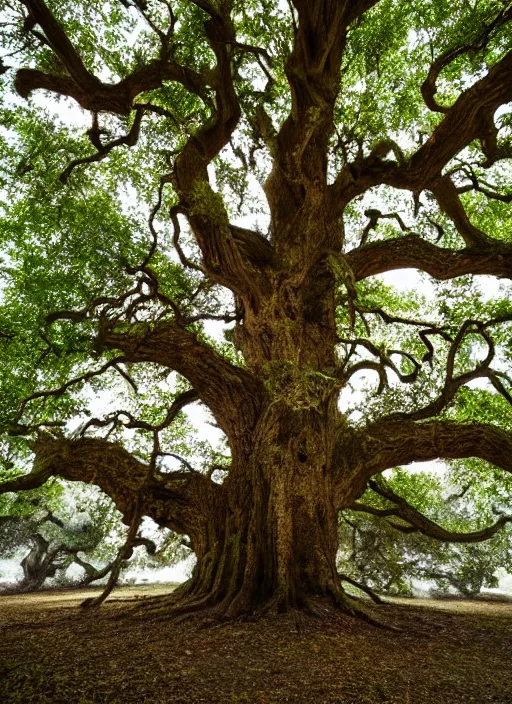 Image similar to very old huge oak tree with fluorescent glowing sigils on bark, glowing metallic leaves