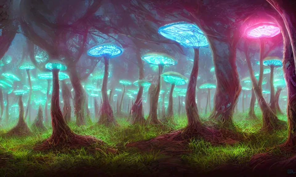 Image similar to bioluminescent mushroom forest, digital art, concept art, fantasy art, highly detailed, hd wallpaper, artstation, deviantart, behance