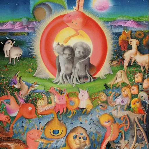 Image similar to a masterpiece collaborative painting by bosch and lisa frank