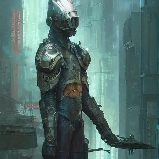 Prompt: digital painting detailed ultrarealistic cyberpunk armor with cat shaped helmet, craig mullins, vallejo, moebius, ian miller, wayne barlowe, greg rutkowski, mucha, brian froud, cinematic, full shot, symmetric