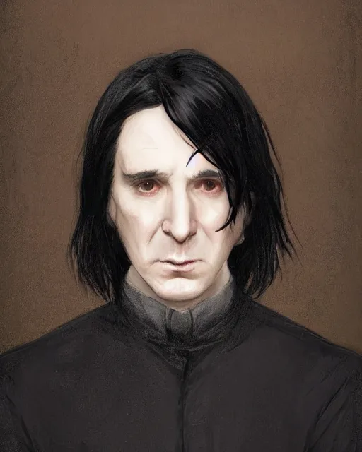 Image similar to portrait of a 3 2 - year - old man wearing black clothes, snape severus, with black, greasy, mid - length hair, hooked nose, dark brown eyes, yellow uneven teeth, highly detailed, digital painting, artstation, concept art, smooth, sharp focus, illustration, art by artgerm and greg rutkowski and alphonse mucha