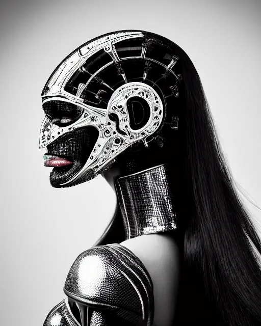 Prompt: a profile portrait, a stunning young woman - cyborg with a mutant crow head, editorial photography, bw, shot on 7 0 mm, depth of field, f / 2. 8, high contrast, 1 6 k, volumetric lighting, shiny, insanely detailed and intricate, hypermaximalist, elegant, ornate, hyper realistic, super detailed