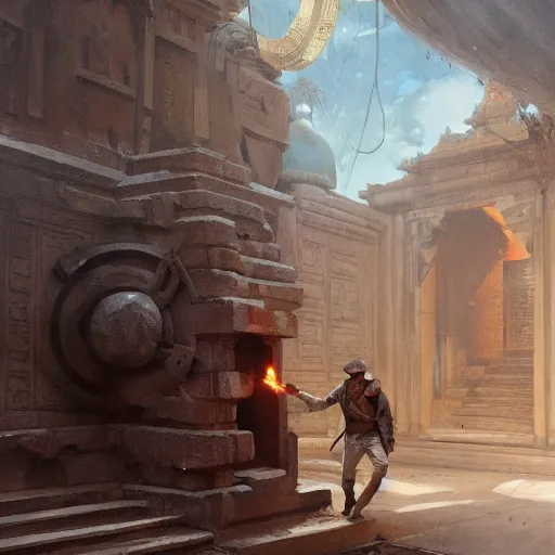 Image similar to indiana jones stealing a catalytic convertor, that is on a trapped pedastal, from inside a temple, painted by greg rutkowski