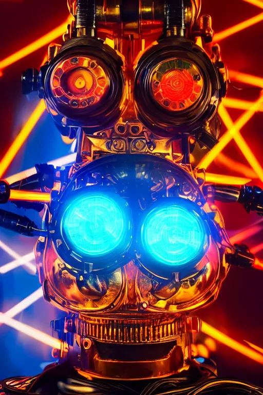 Prompt: portrait photo of a giant huge golden and blue metal humanoid steampunk robot dj with multicolored big gears and headphones, a red dj mixer, eyes are glowing red lightbulbs, shiny crisp finish, 3 d render, 8 k, insaneley detailed, fluorescent colors, background is multicolored lasershow