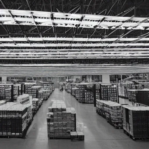 Prompt: 3 5 mm photo of the inside of an amazon warehouse at night