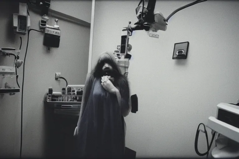 Image similar to 35mm color lomography, last photo, portrait, fashion shoot, weird, random, strange, spooky, interesting, hospital