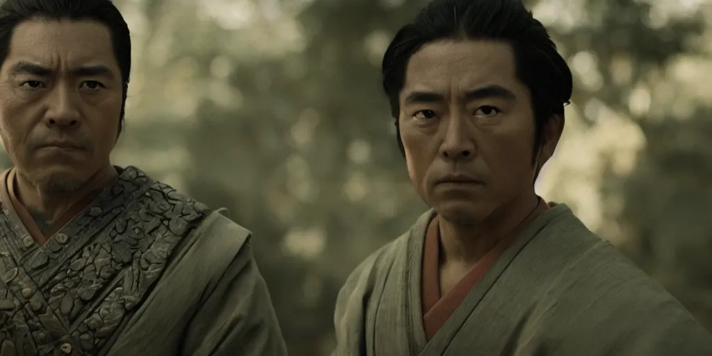 Image similar to a film still of guillermo francella starring as an ancient samurai in a japanese blockbuster film, shallow depth of field, cinematic, award winning cgi, vfx, film still