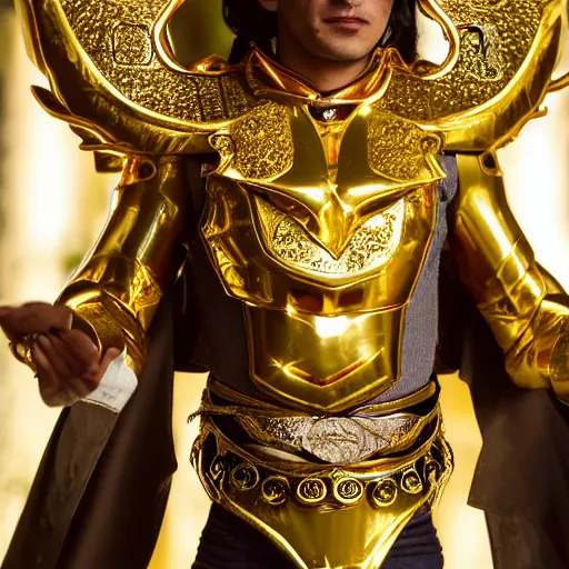 Image similar to A radiant, extreme long shot, photo of a 27-year-old Mexican male wearing the Scorpio Gold Armor, Beautiful gold Saint, Jaw-Dropping Beauty, gracious, aesthetically pleasing, dramatic eyes, intense stare, immense cosmic aura, from Knights of the Zodiac Saint Seiya, inside the Old Temple of Athena Greece,4k high resolution, Detailed photo, attention to detail, hyper detailed, ultra detailed, octane render, arnold render, Photoshopped, Award Winning Photo, groundbreaking, Deep depth of field, f/22, 35mm, make all elements sharp, at golden hour, Light Academia aesthetic, Socialist realism, by Annie Leibovitz