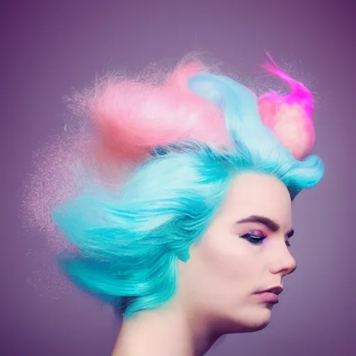 Image similar to a dramatic photo of a beautiful woman with cotton candy hair. with a little bit of cyan and pink