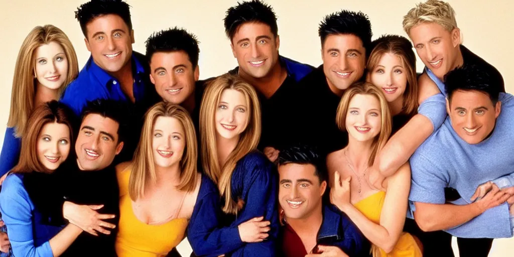 Image similar to the cast of friends but everyone is joey tribianni